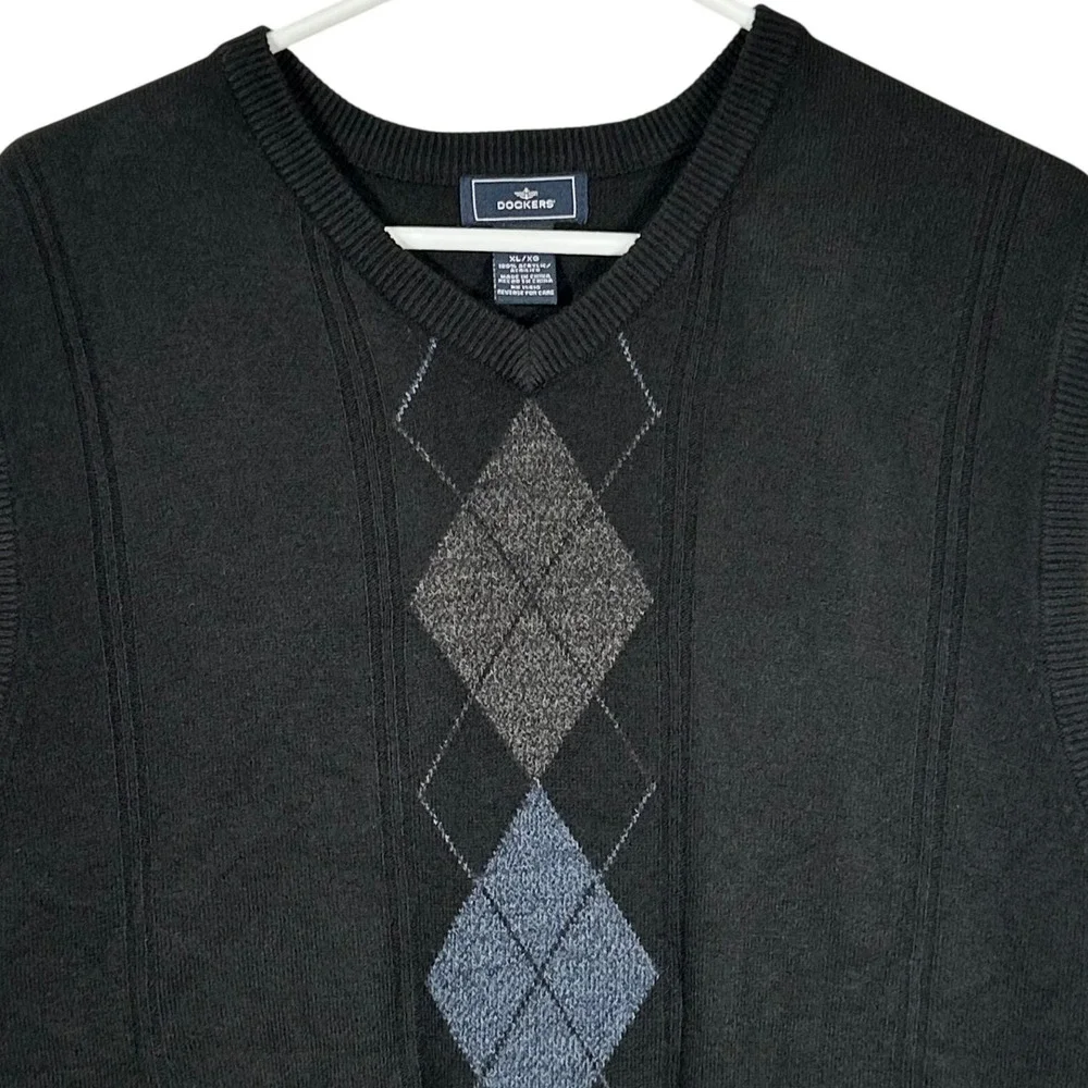 Dockers Mens XL Black‎ Argyle V-Neck Sleeveless Knit Sweater Vest Dress